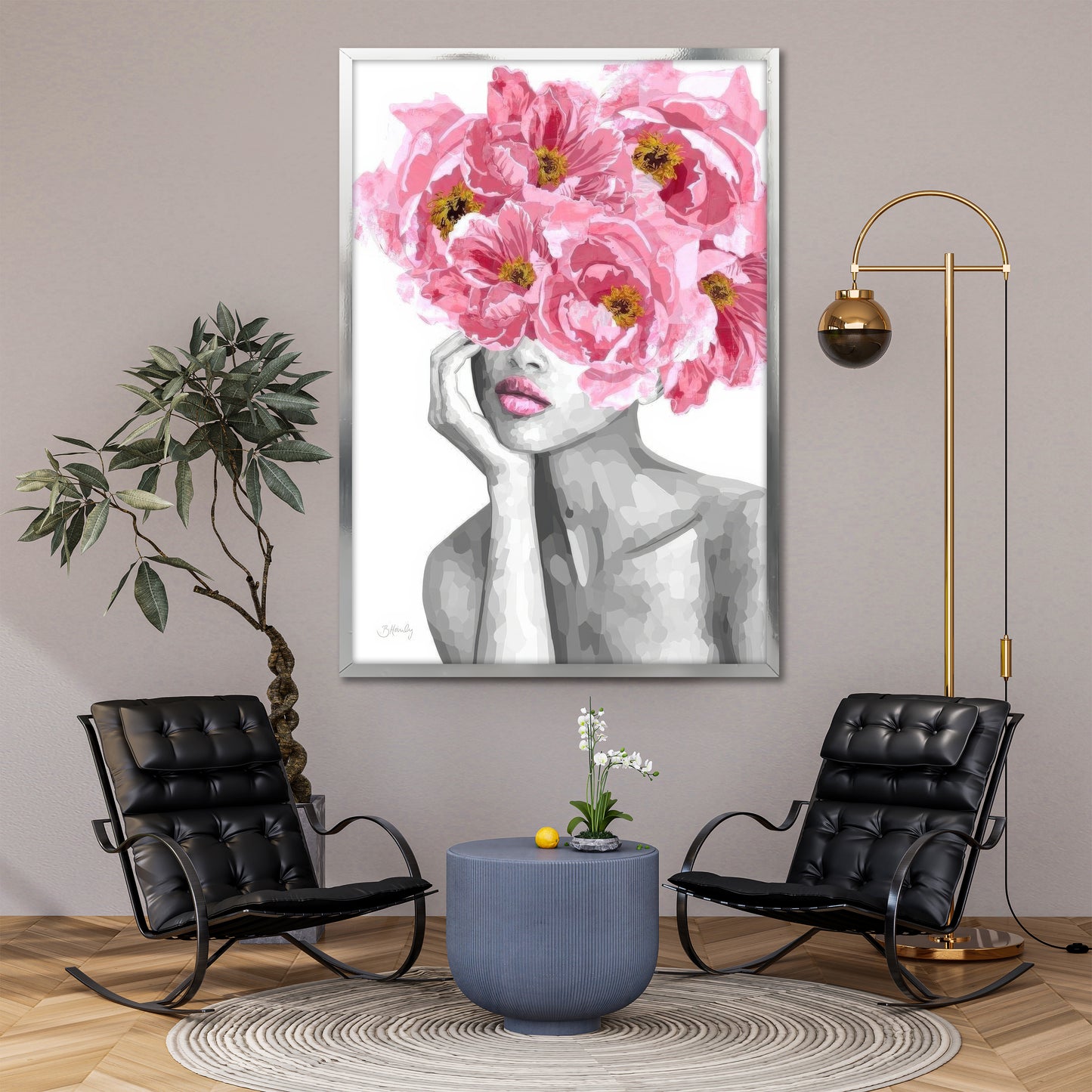 Pink Peony Flower Head Woman Canvas Art - Modern Floral Print