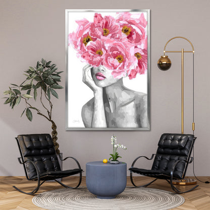 Pink Peony Flower Head Woman Canvas Art - Modern Floral Print