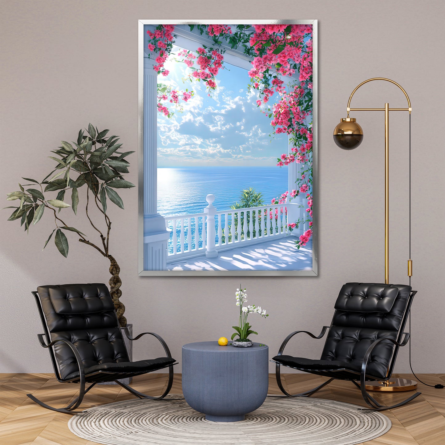 Ocean View Balcony and Pink Flowers Canvas Print - Coastal Home Decor
