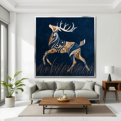Abstract Navy Blue and Gold Deer Canvas Wall Art - Modern Living Room Luxury Decor