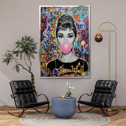 Audrey Hepburn Bubble Gum Pop Art Canvas - Colorful Graffiti Street Art Print