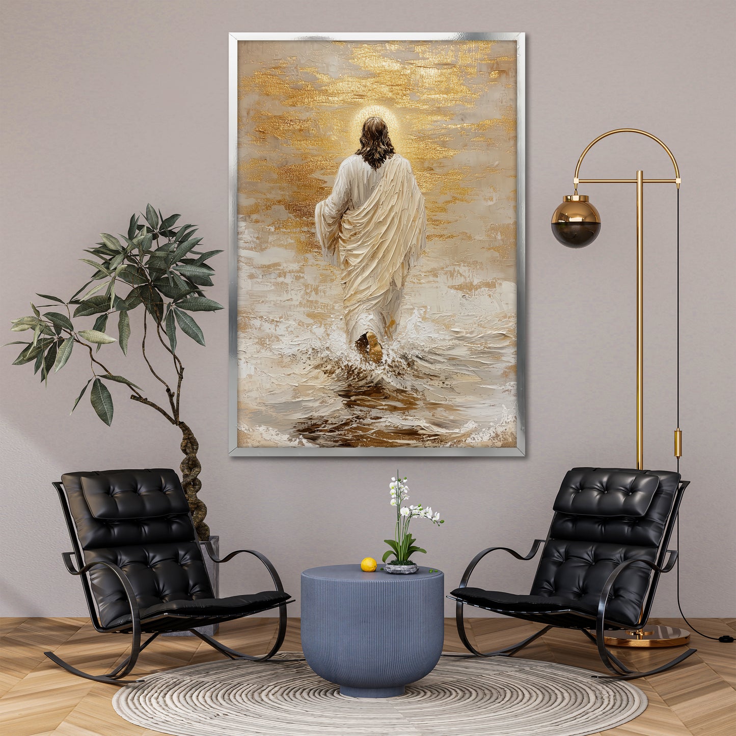 Jesus Walking on Water Canvas Print - Modern Christian Gold Wall Art