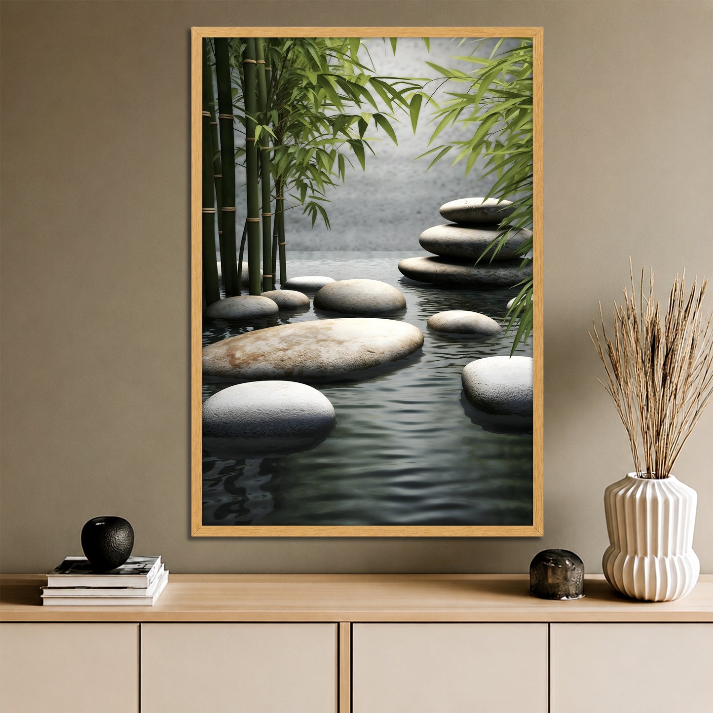 Natural Zen Stones and Bamboo Canvas - Meditation Spa Landscape Print