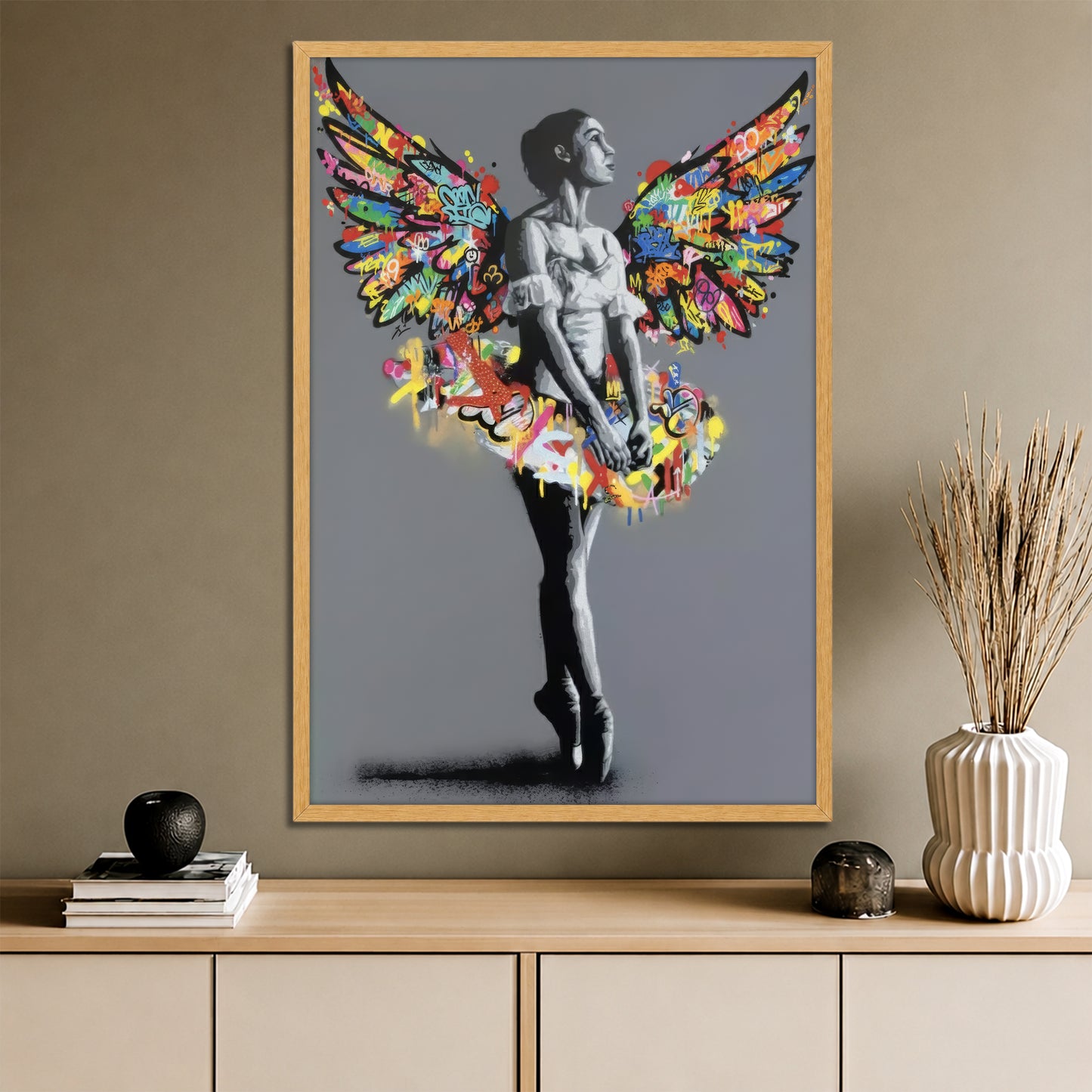Graffiti Angel Wings Ballerina Canvas Art - Street Pop Art Print