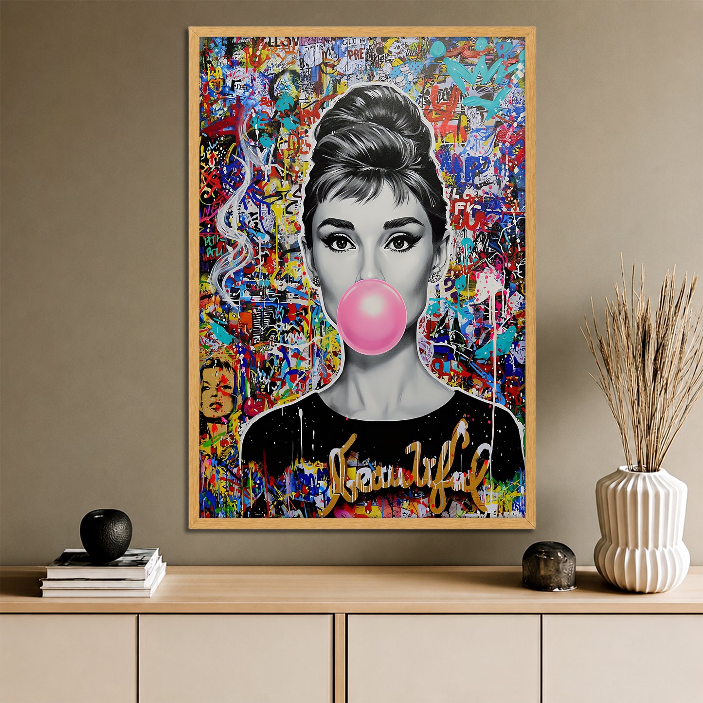 Audrey Hepburn Bubble Gum Pop Art Canvas - Colorful Graffiti Street Art Print