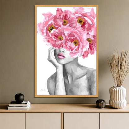 Pink Peony Flower Head Woman Canvas Art - Modern Floral Print