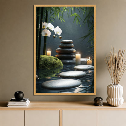 Zen Stones and White Orchid Canvas Art - Lit Candles Spa Meditation Print