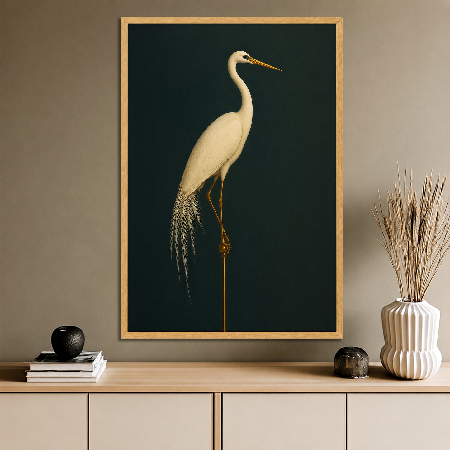 Emerald Green and Gold Crane Canvas Print - Modern Wall Art