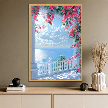 Ocean View Balcony and Pink Flowers Canvas Print - Coastal Home Decor