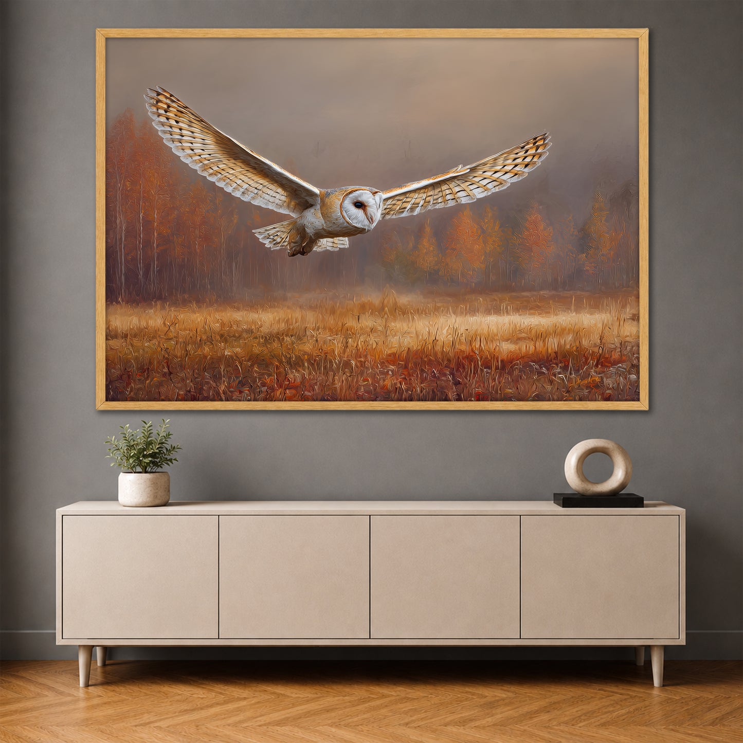 Flying Barn Owl Canvas Wall Art - Autumn Forest Landscape Print