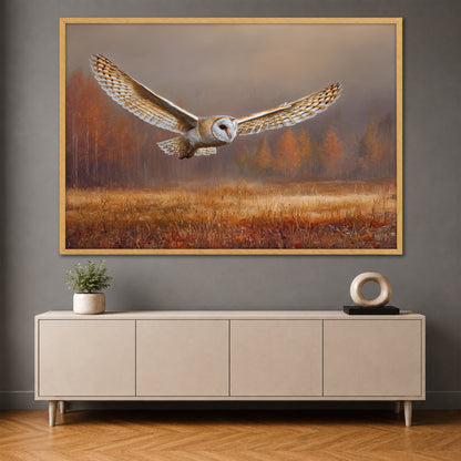 Flying Barn Owl Canvas Wall Art - Autumn Forest Landscape Print