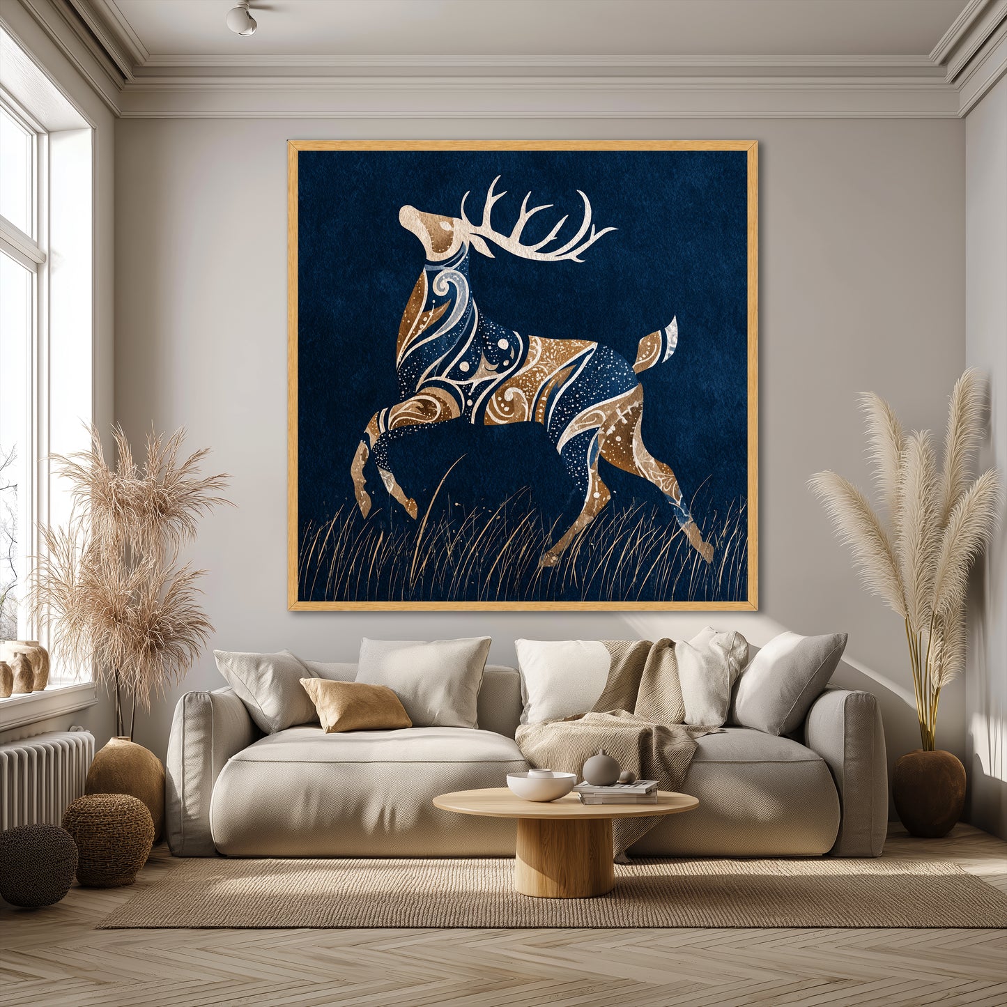 Abstract Navy Blue and Gold Deer Canvas Wall Art - Modern Living Room Luxury Decor