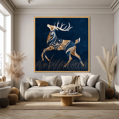 Abstract Navy Blue and Gold Deer Canvas Wall Art - Modern Living Room Luxury Decor