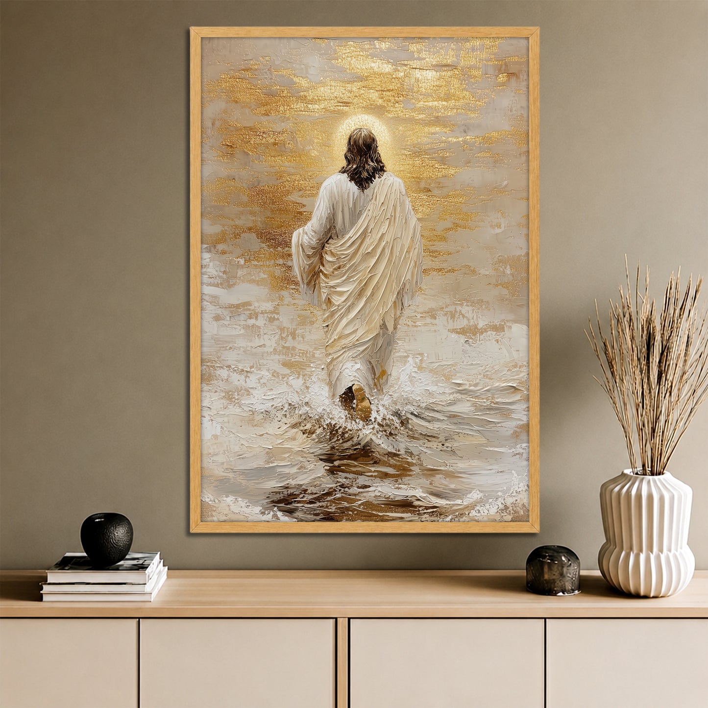 Jesus Walking on Water Canvas Print - Modern Christian Gold Wall Art
