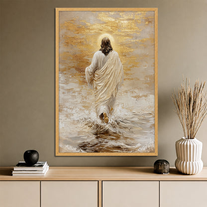 Jesus Walking on Water Canvas Print - Modern Christian Gold Wall Art