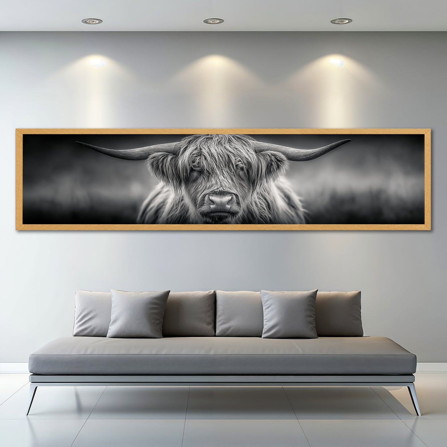 Highland Cow Panoramic Canvas Wall Art - Black and White Modern Wall Decor