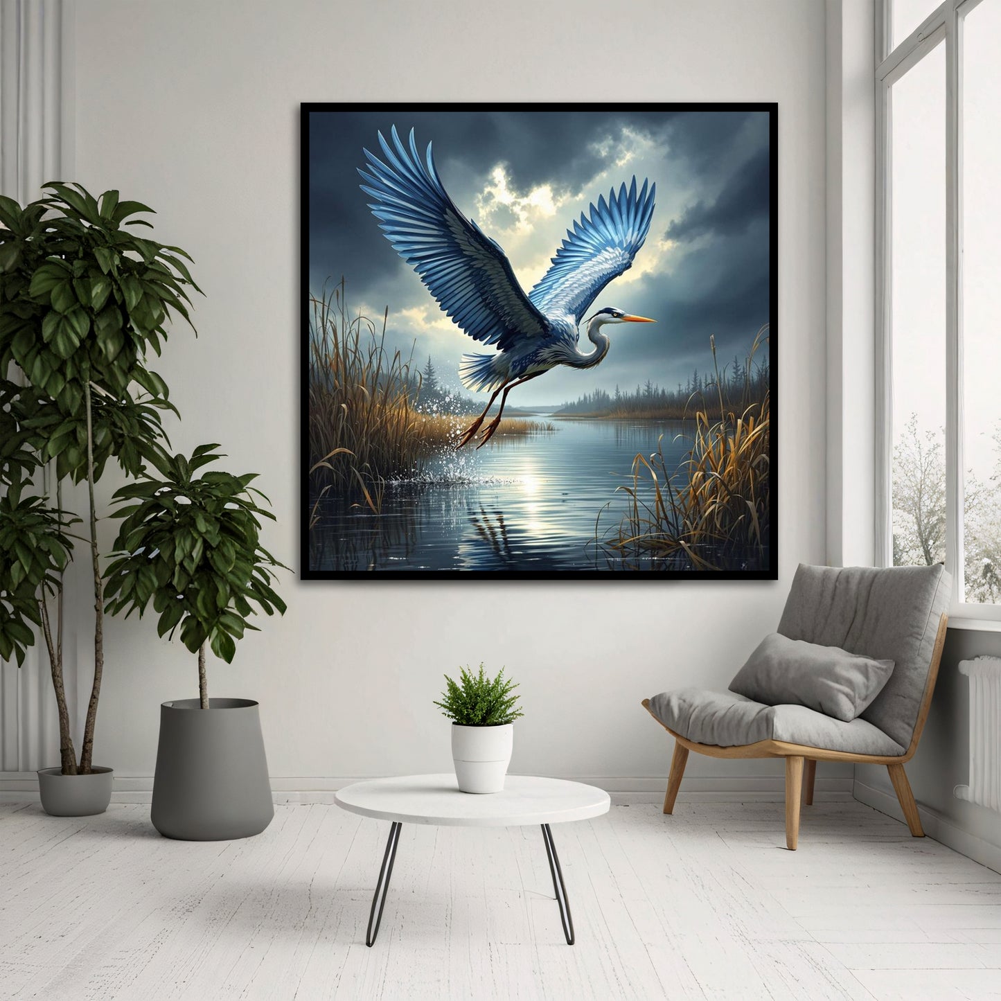 Flying Blue Heron Canvas Wall Art - Large Lake Landscape Nature Painting