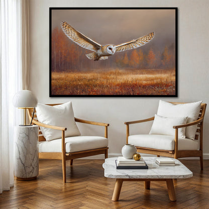 Flying Barn Owl Canvas Wall Art - Autumn Forest Landscape Print