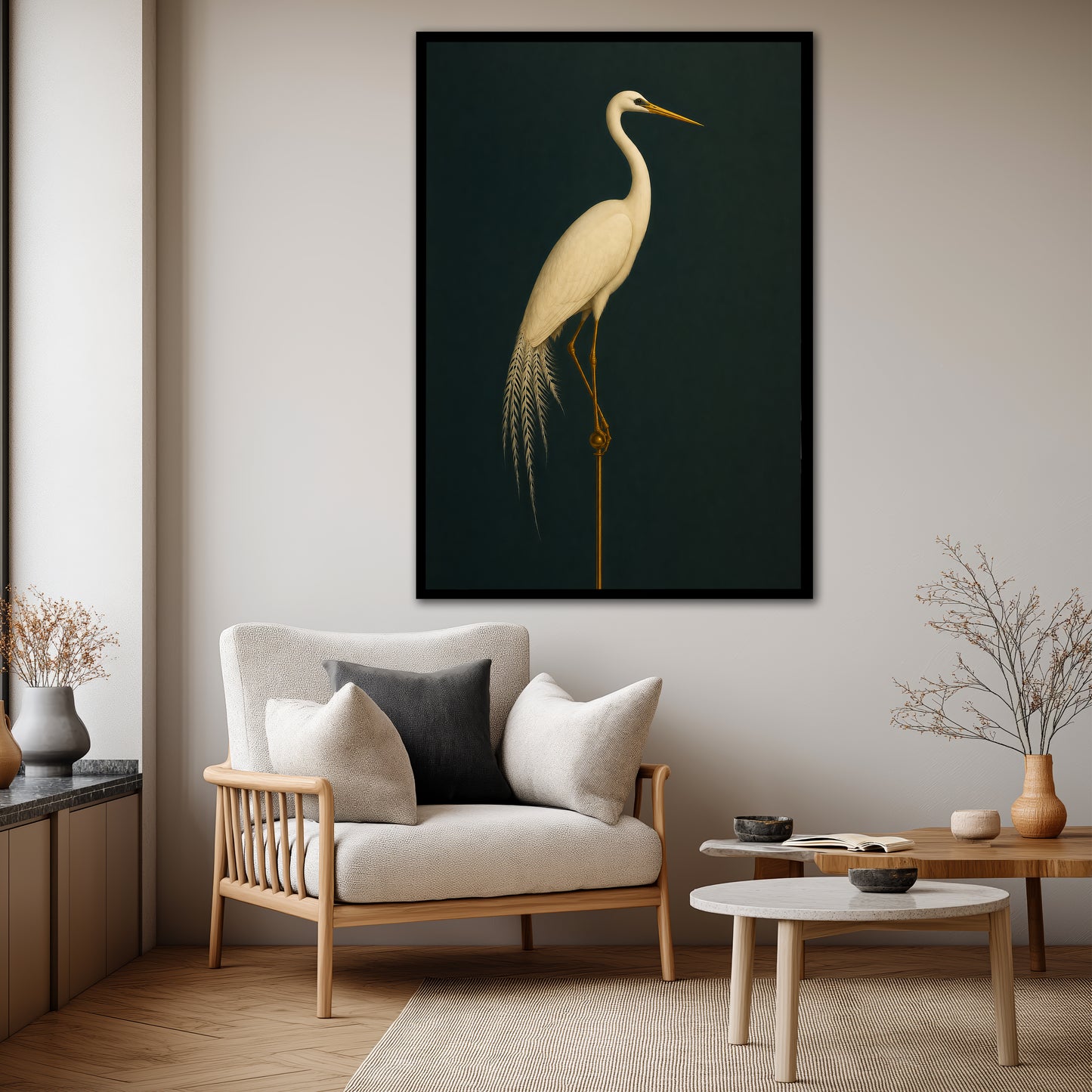 Emerald Green and Gold Crane Canvas Print - Modern Wall Art