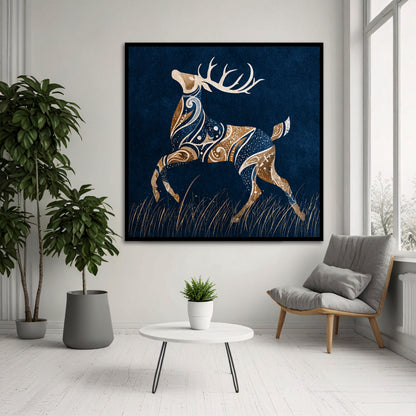 Abstract Navy Blue and Gold Deer Canvas Wall Art - Modern Living Room Luxury Decor