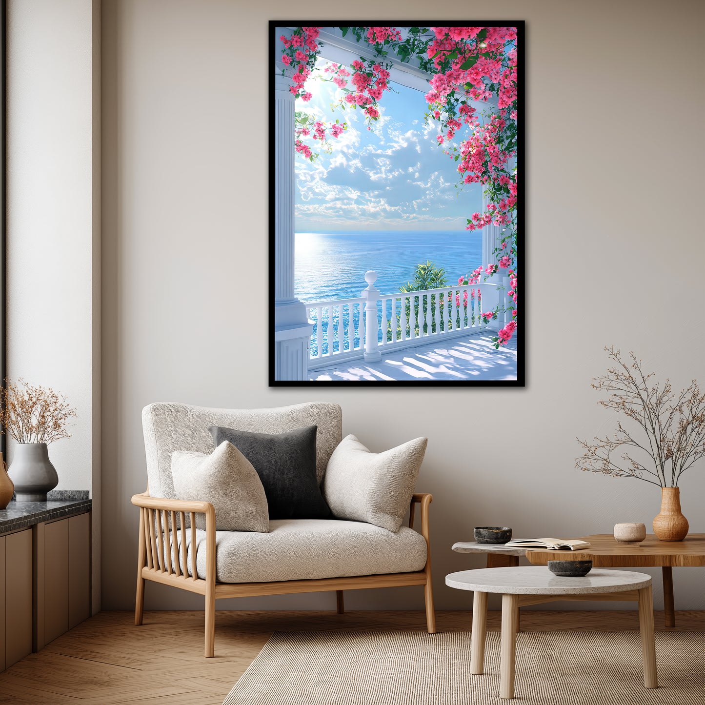 Ocean View Balcony and Pink Flowers Canvas Print - Coastal Home Decor