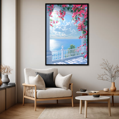Ocean View Balcony and Pink Flowers Canvas Print - Coastal Home Decor