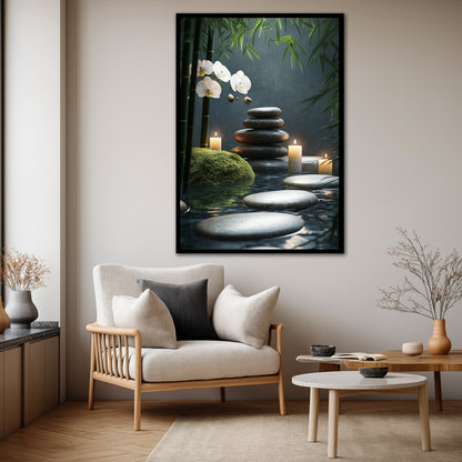 Zen Stones and White Orchid Canvas Art - Lit Candles Spa Meditation Print