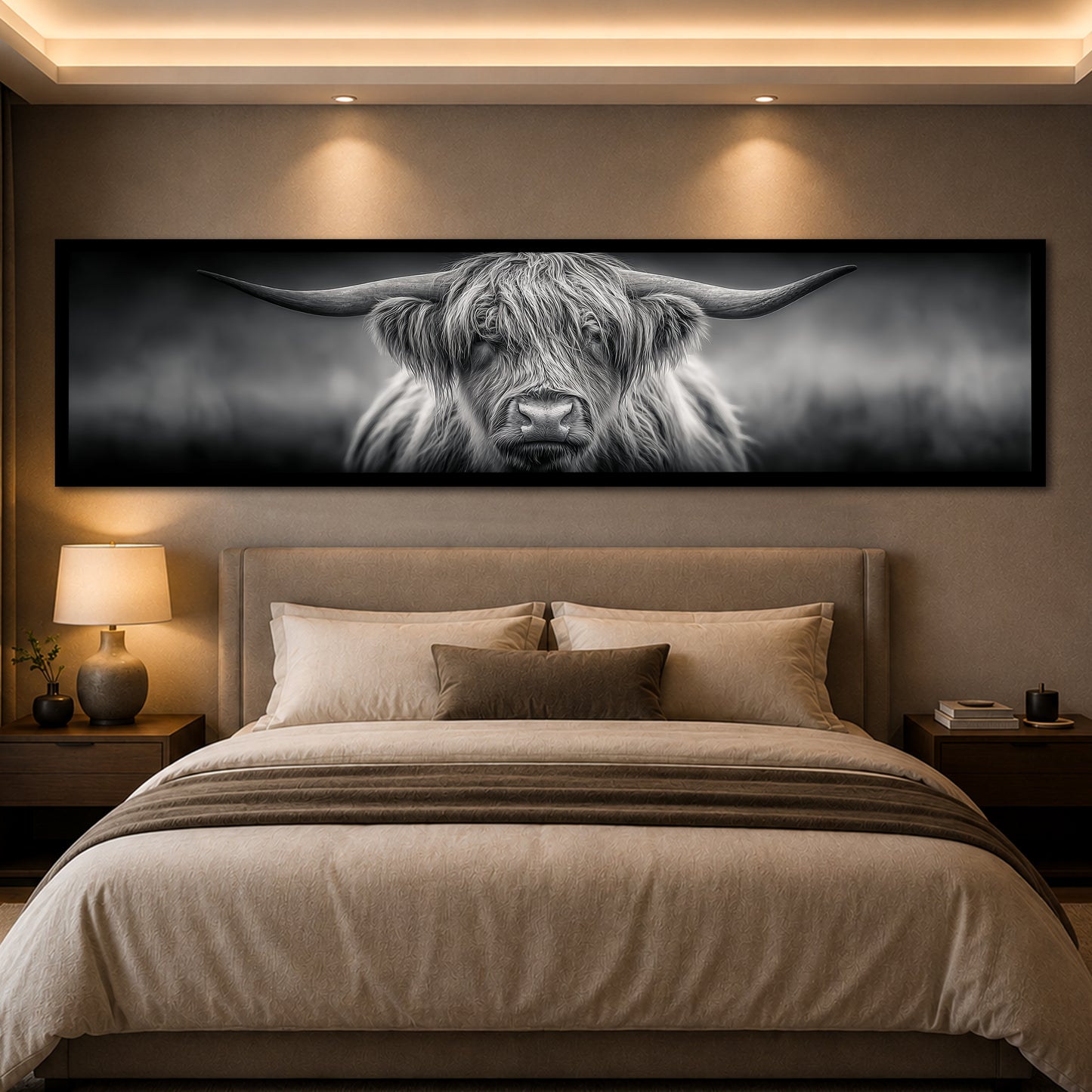 Highland Cow Panoramic Canvas Wall Art - Black and White Modern Wall Decor