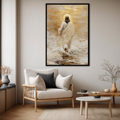 Jesus Walking on Water Canvas Print - Modern Christian Gold Wall Art