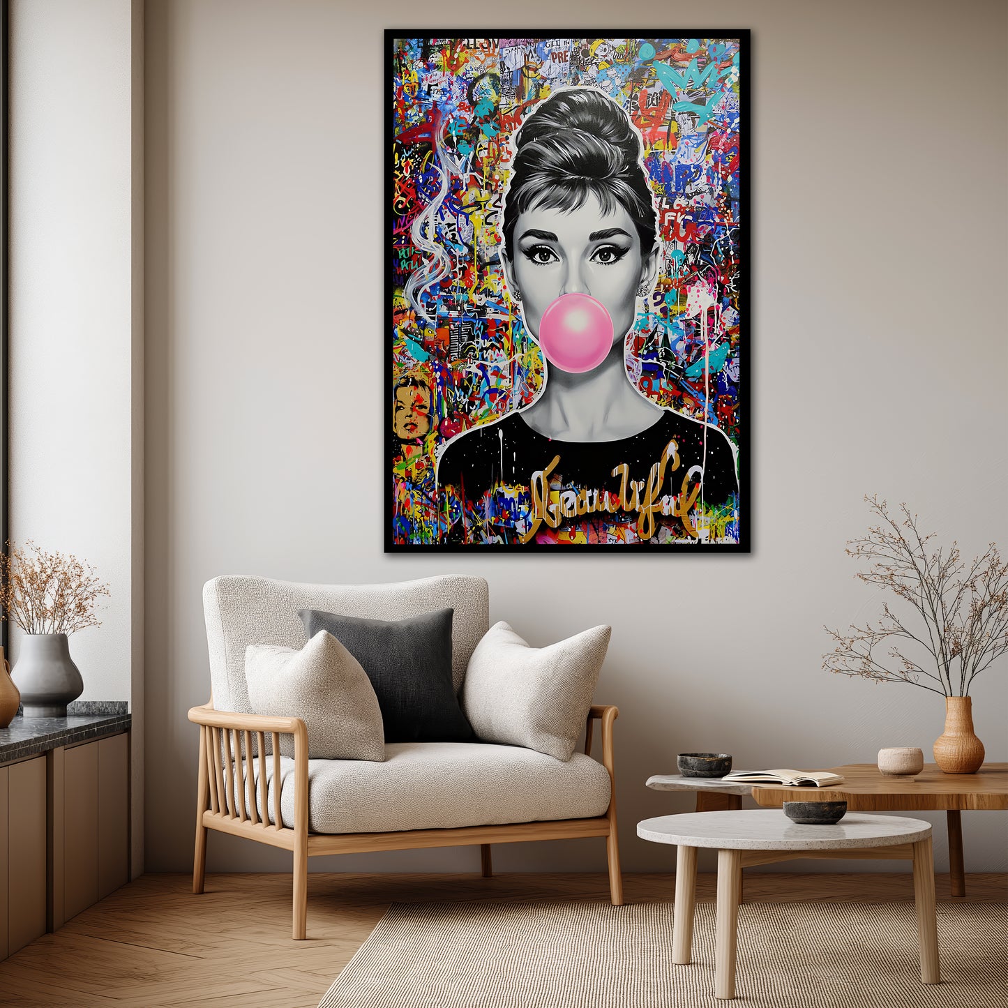 Audrey Hepburn Bubble Gum Pop Art Canvas - Colorful Graffiti Street Art Print
