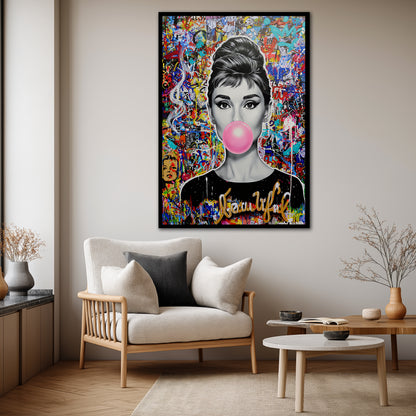 Audrey Hepburn Bubble Gum Pop Art Canvas - Colorful Graffiti Street Art Print