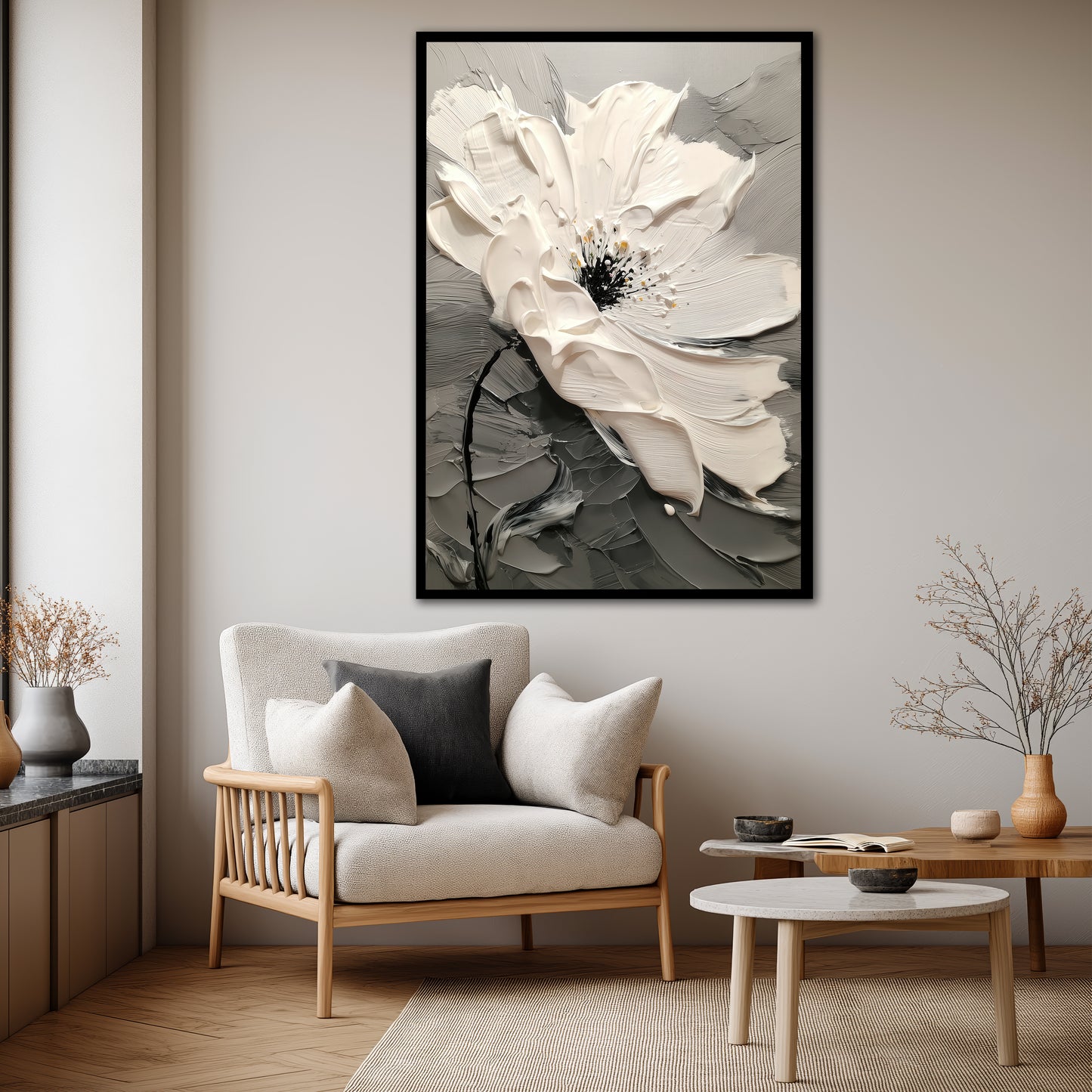 White Flower Canvas Wall Art - Modern Minimalist Floral Print