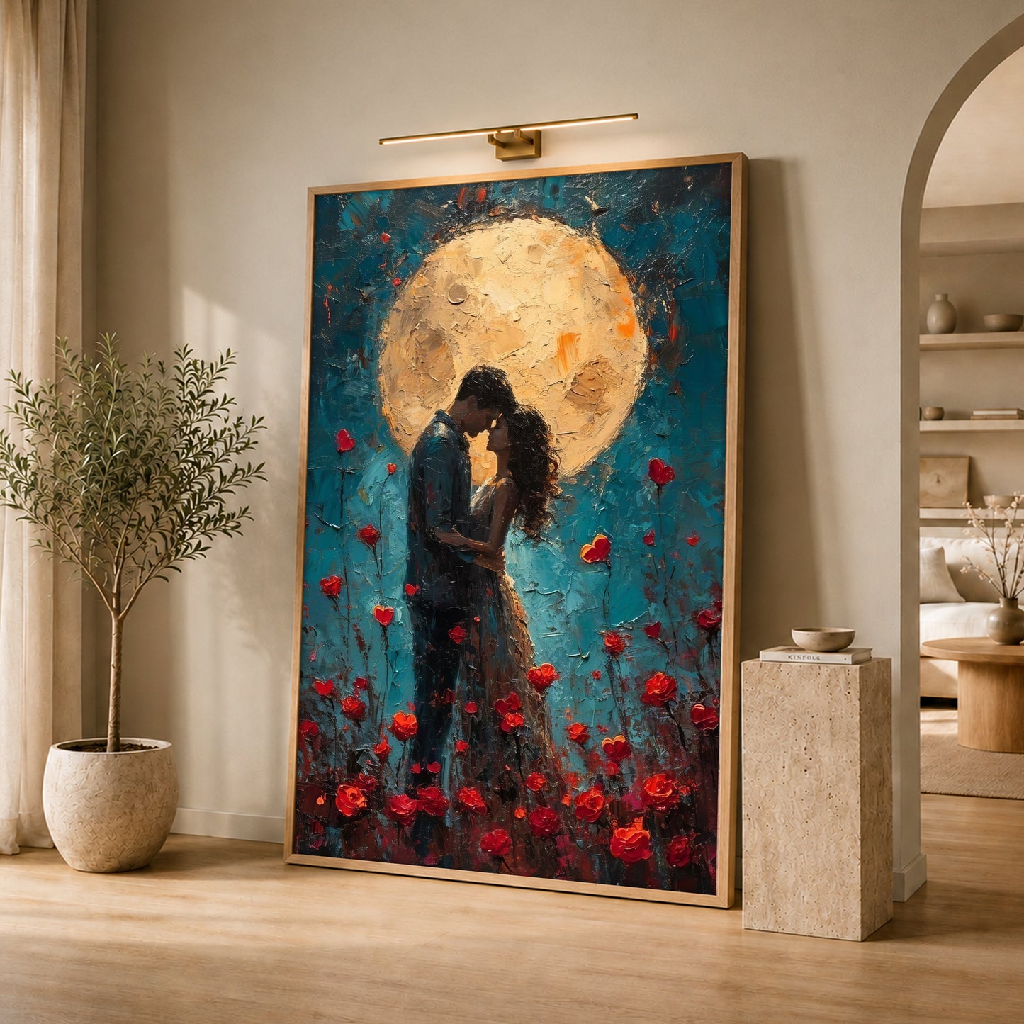 Romantic Couple Under Full Moon Canvas Wall Art - Rose Garden Print