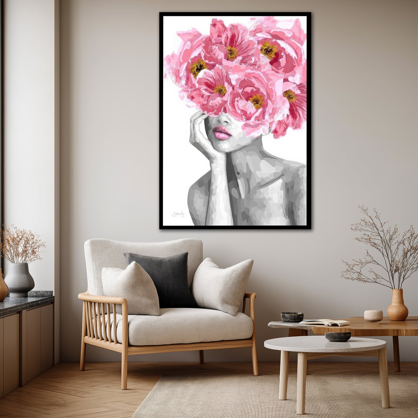 Pink Peony Flower Head Woman Canvas Art - Modern Floral Print