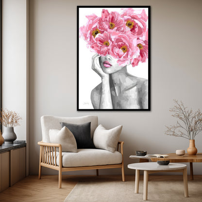 Pink Peony Flower Head Woman Canvas Art - Modern Floral Print