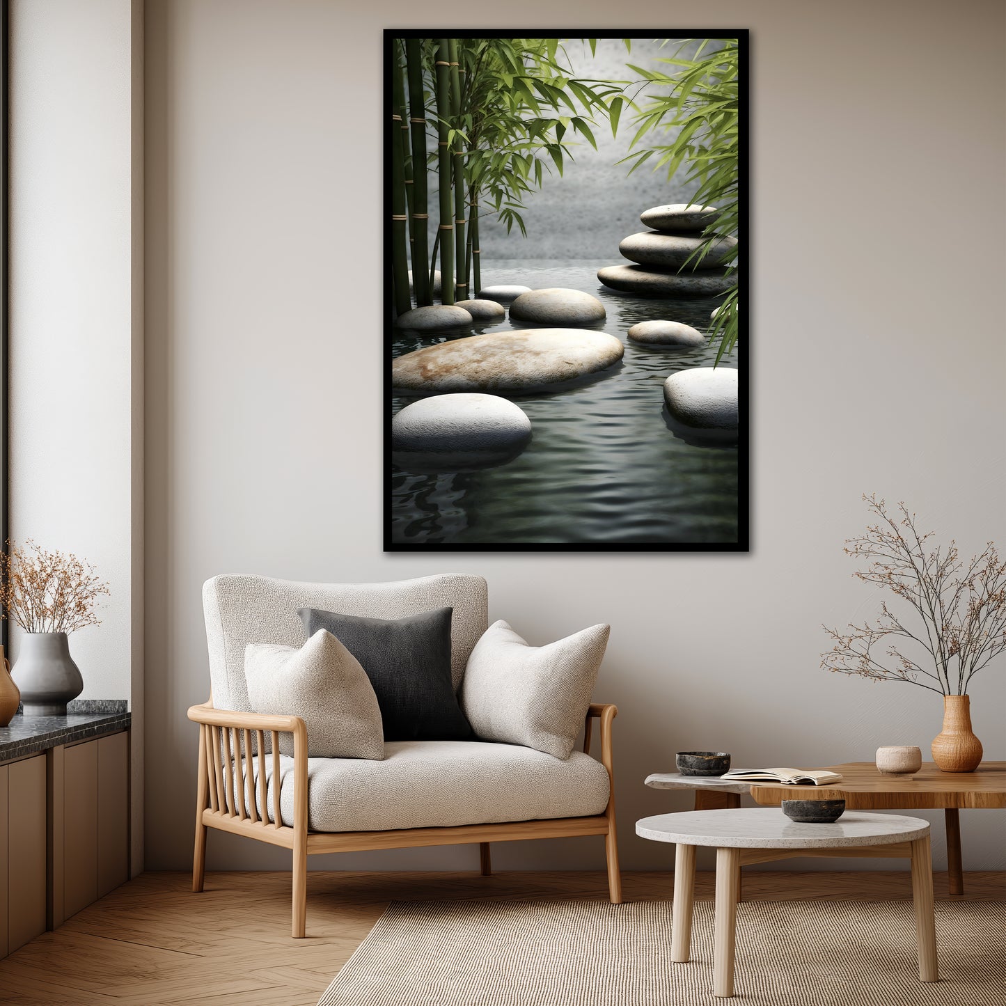 Natural Zen Stones and Bamboo Canvas - Meditation Spa Landscape Print