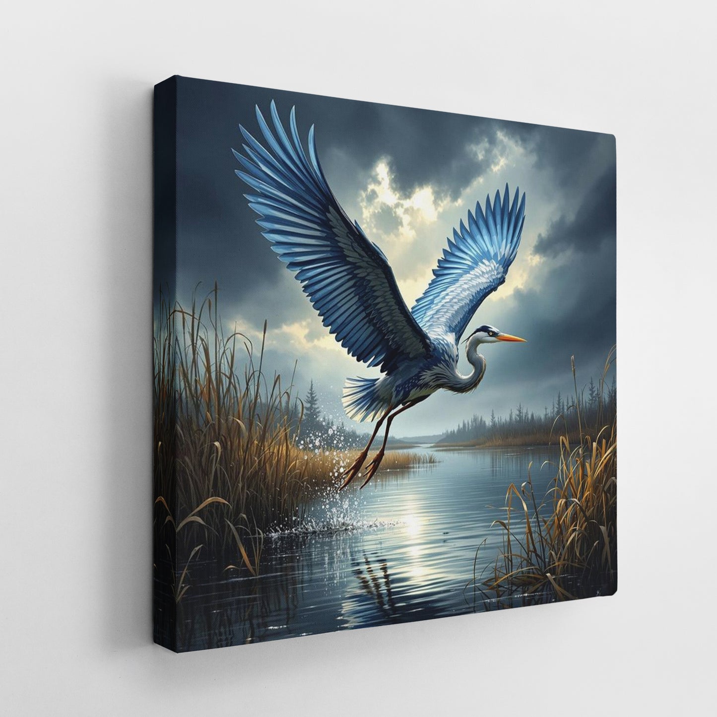 Flying Blue Heron Canvas Wall Art - Large Lake Landscape Nature Painting