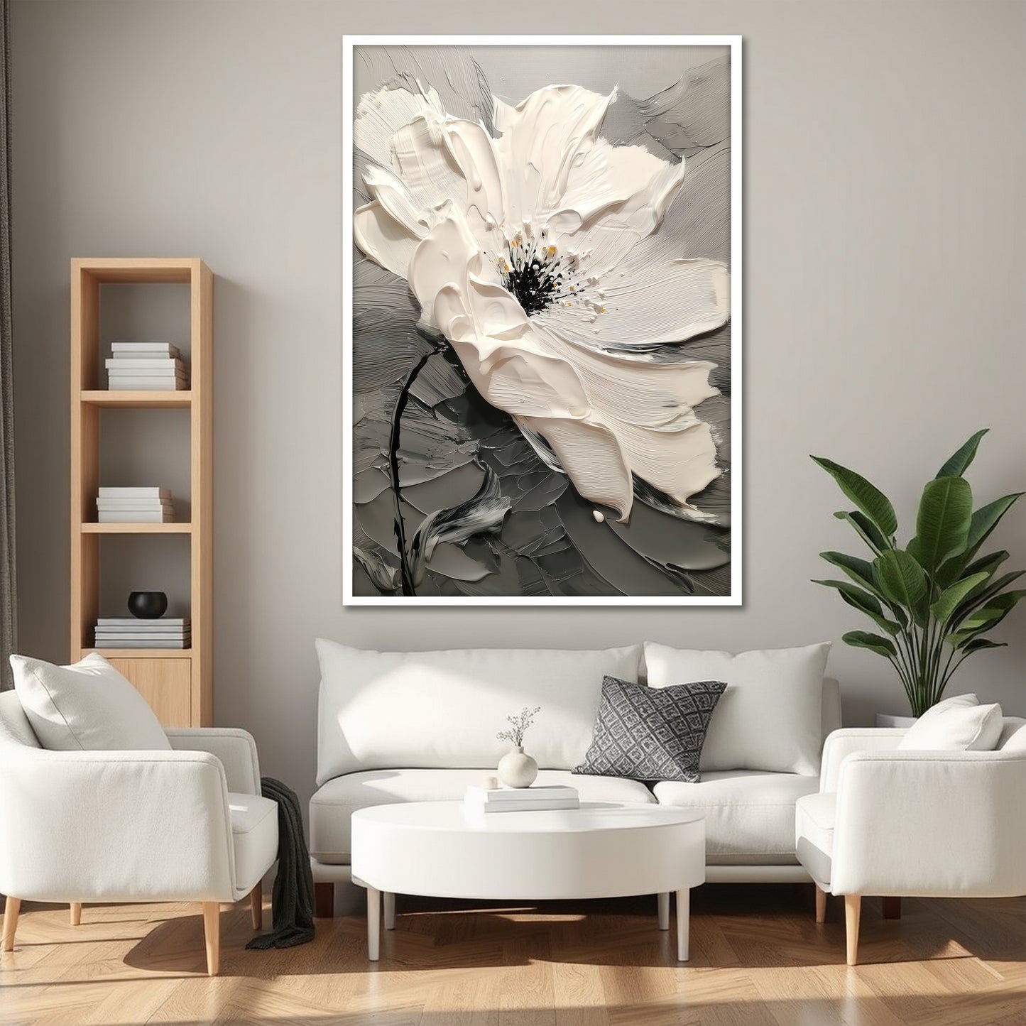 White Flower Canvas Wall Art - Modern Minimalist Floral Print