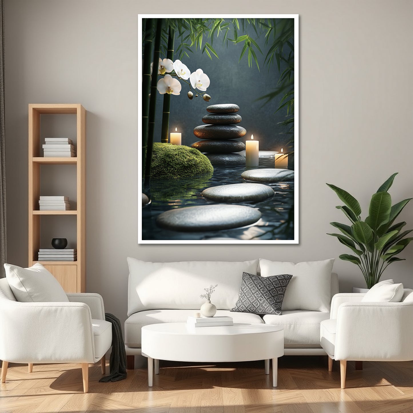 Zen Stones and White Orchid Canvas Art - Lit Candles Spa Meditation Print