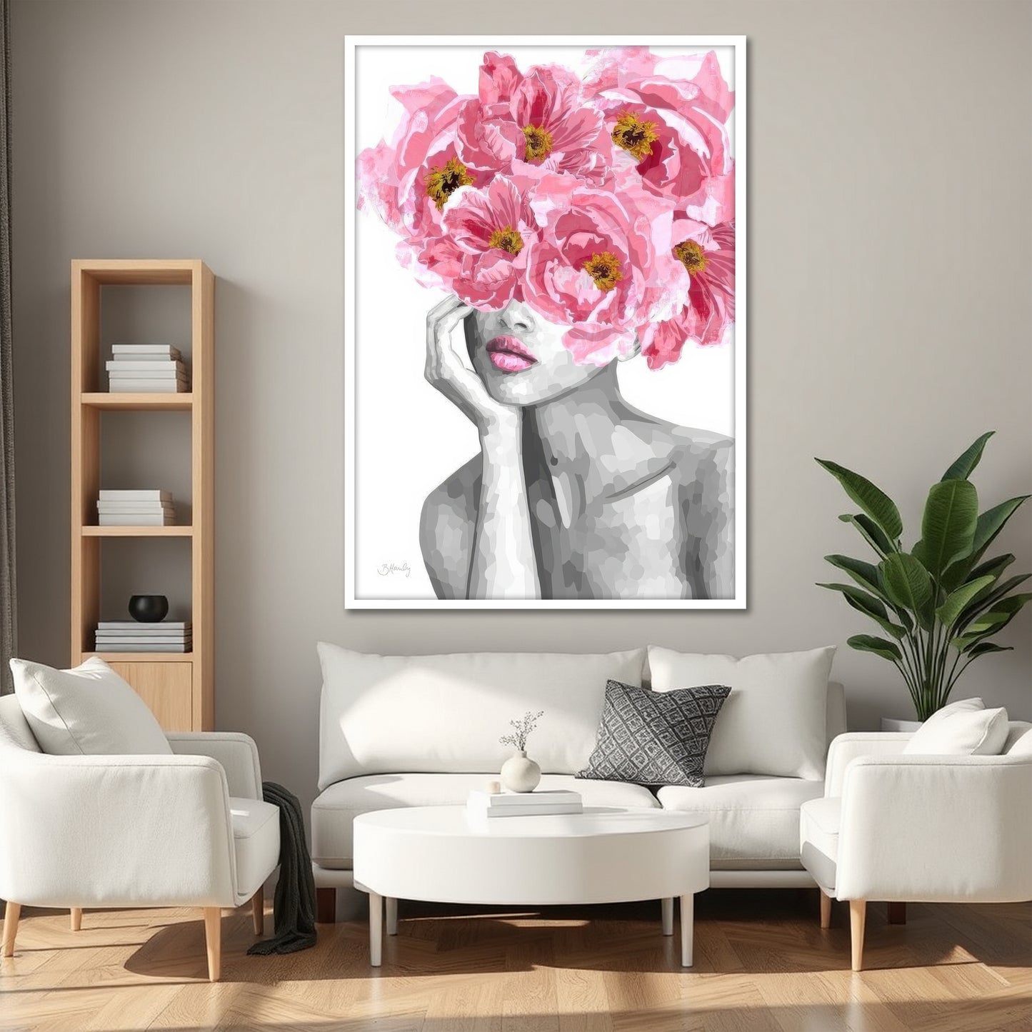 Pink Peony Flower Head Woman Canvas Art - Modern Floral Print