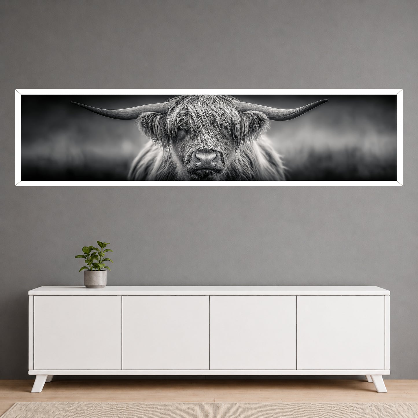 Highland Cow Panoramic Canvas Wall Art - Black and White Modern Wall Decor