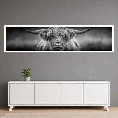 Highland Cow Panoramic Canvas Wall Art - Black and White Modern Wall Decor