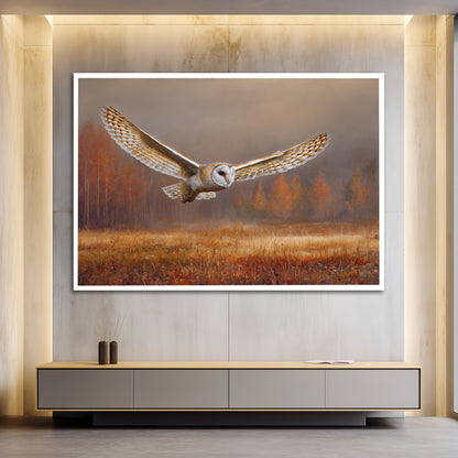 Flying Barn Owl Canvas Wall Art - Autumn Forest Landscape Print