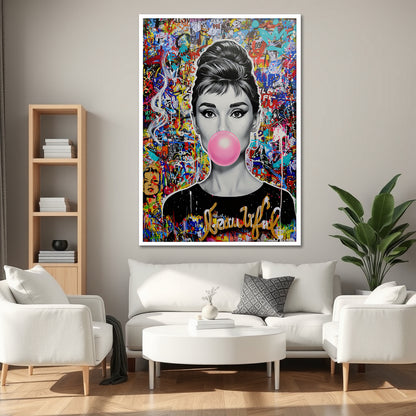 Audrey Hepburn Bubble Gum Pop Art Canvas - Colorful Graffiti Street Art Print