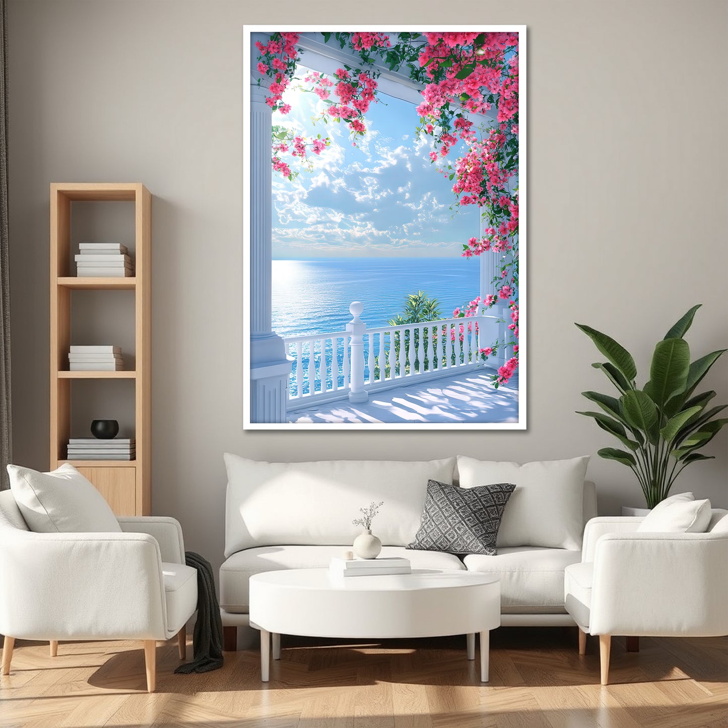 Ocean View Balcony and Pink Flowers Canvas Print - Coastal Home Decor