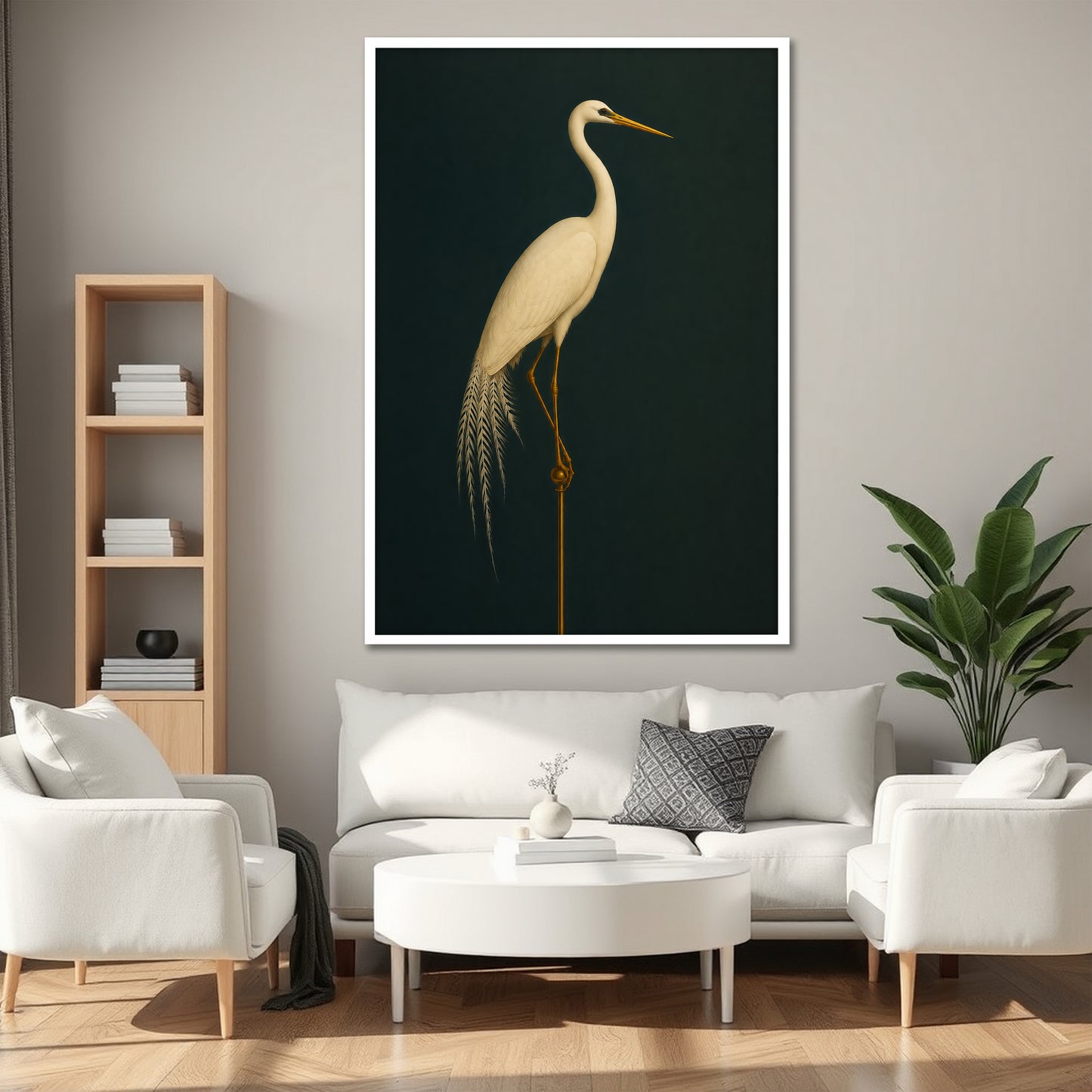 Emerald Green and Gold Crane Canvas Print - Modern Wall Art