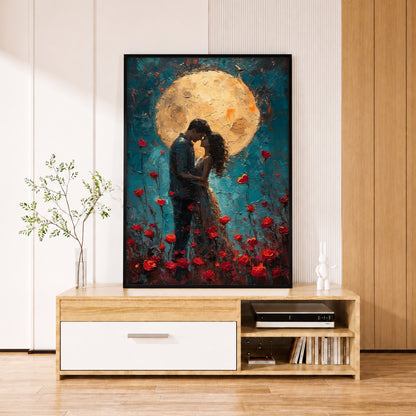 Romantic Couple Under Full Moon Canvas Wall Art - Rose Garden Print