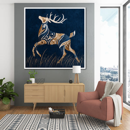 Abstract Navy Blue and Gold Deer Canvas Wall Art - Modern Living Room Luxury Decor