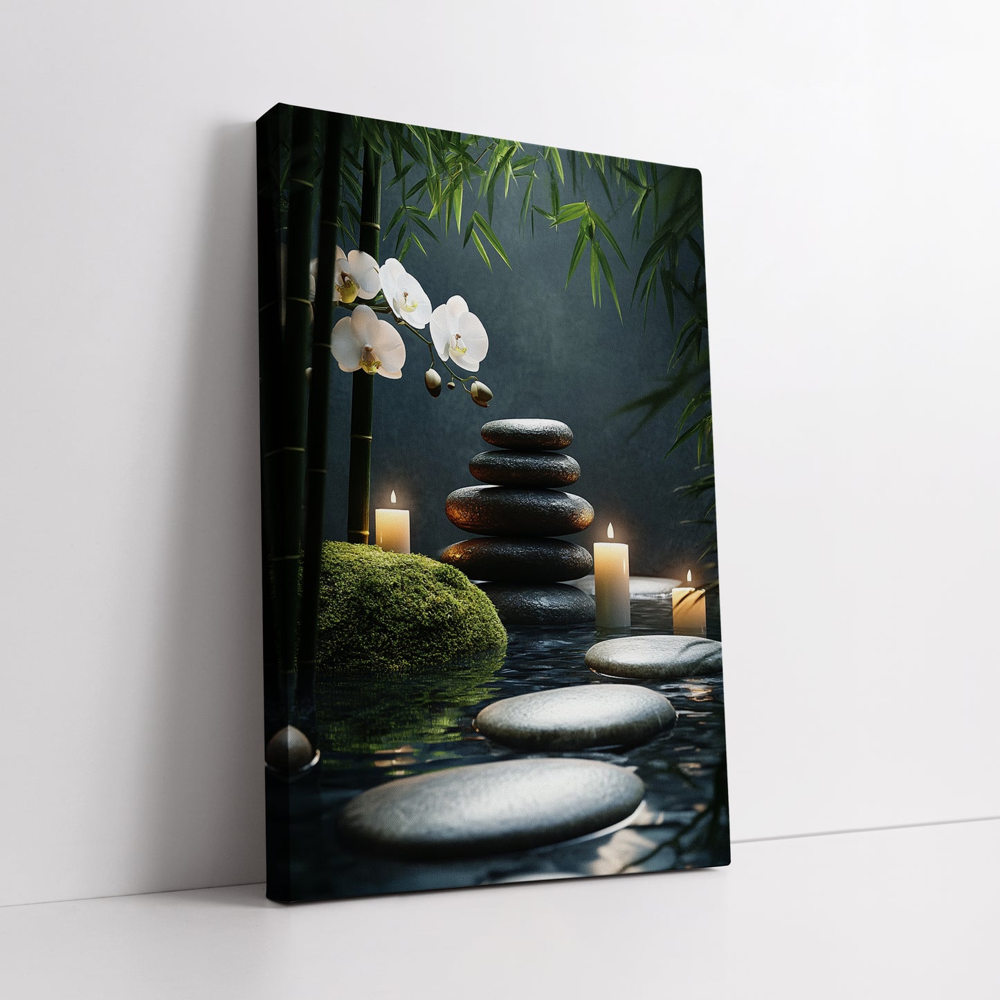 Zen Stones and White Orchid Canvas Art - Lit Candles Spa Meditation Print