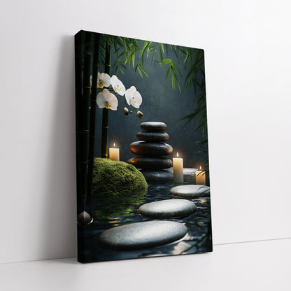 Zen Stones and White Orchid Canvas Art - Lit Candles Spa Meditation Print